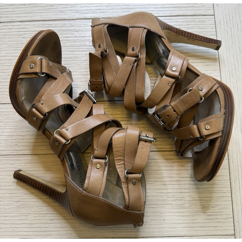 Michael Kors 4.5" Heel Sandals 9M Brown Leather Cross Strap Leonia Buckle Shoe - Picture 7 of 12